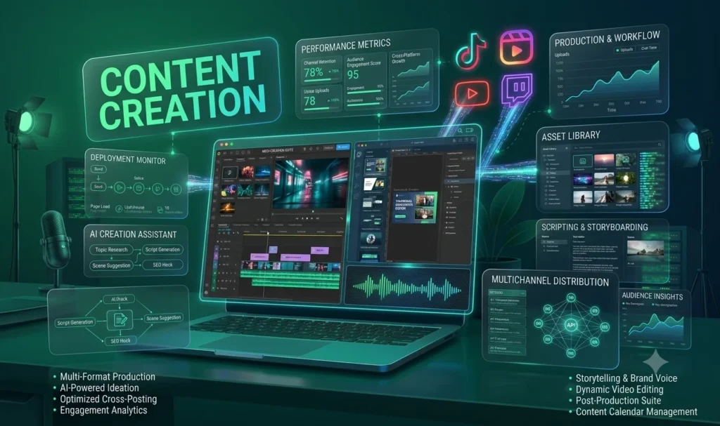 Content creation illustration showing video editing, social media platforms, content analytics, and digital marketing workflow