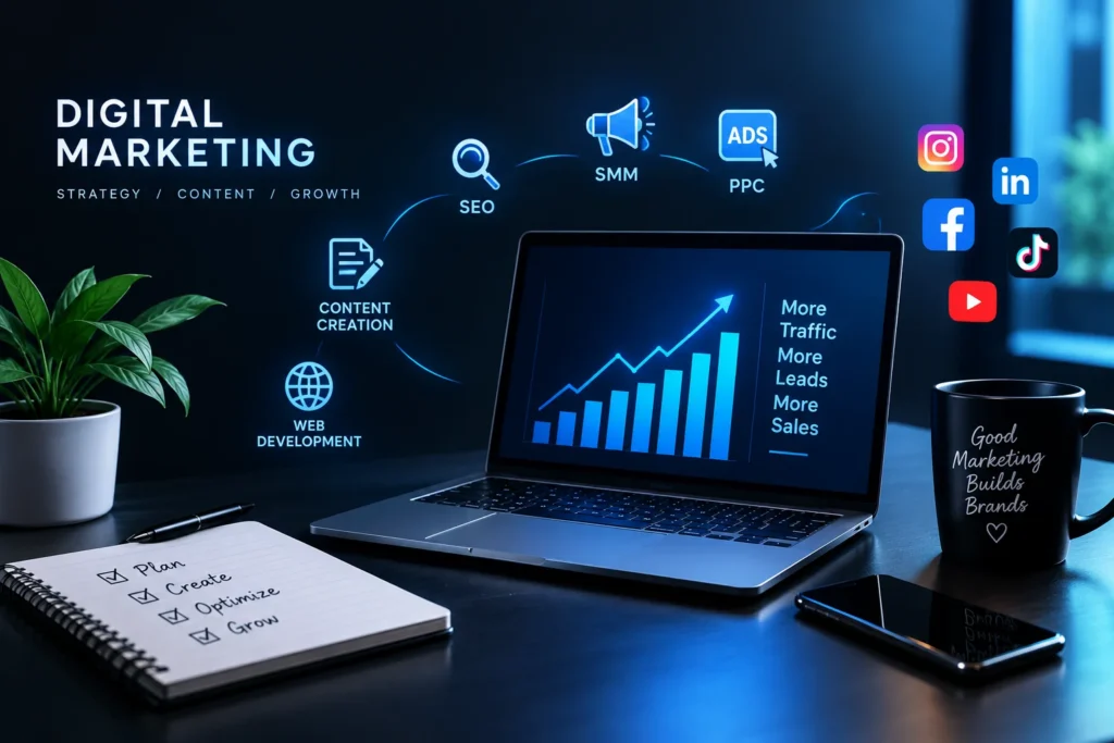 Digital marketing workspace featuring a laptop with growth analytics, SEO, social media marketing, PPC advertising, content creation, web development, and social media icons in a dark neon-blue theme.