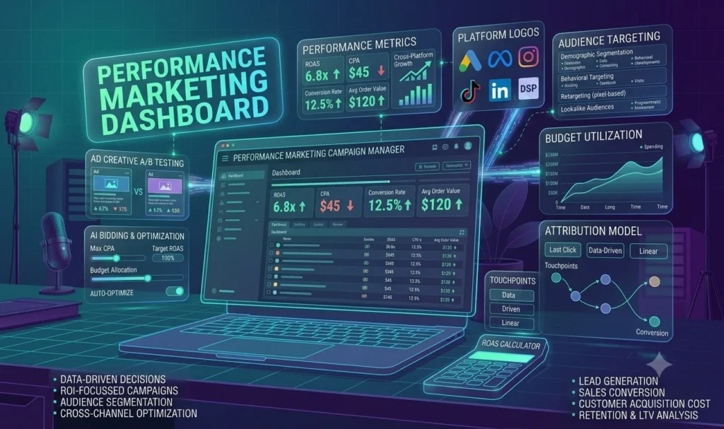 Performance marketing dashboard illustration showing campaign analytics, audience targeting, ROAS, conversions, and budget optimization