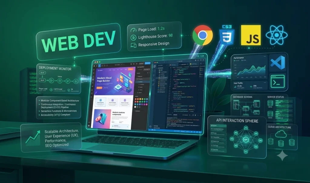 A futuristic 3D infographic on a laptop showcasing web development, splitting its screen between a page builder and a code editor. It is surrounded by glowing neon panels detailing "Deployment Monitor," "Database Schema," and key technologies like Chrome, React, and JS[cite: 3].