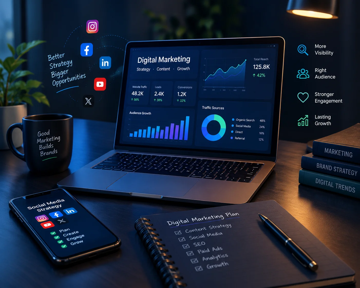 Digital marketing strategy, analytics, social media and business growth