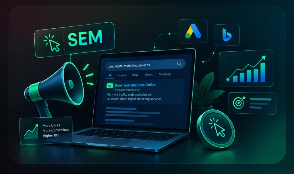 Search Engine Marketing SEM illustration showing paid search advertising, clicks, conversions, and campaign growth