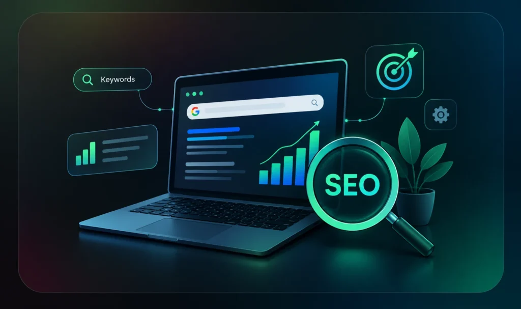 Search Engine Optimization SEO digital marketing illustration with laptop and analytics