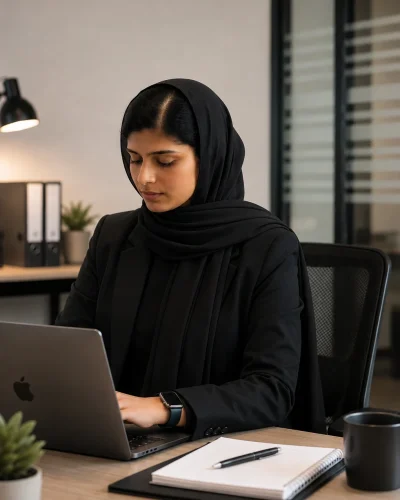 Digital marketing specialist working on a laptop in a modern office in Malappuram